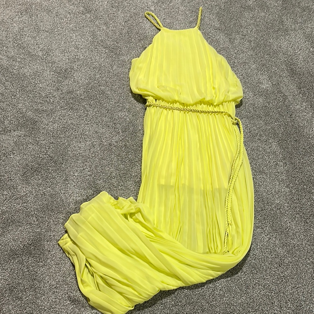 Boutique Double Zero long maxi yellow dress with braided metal accents tie waist